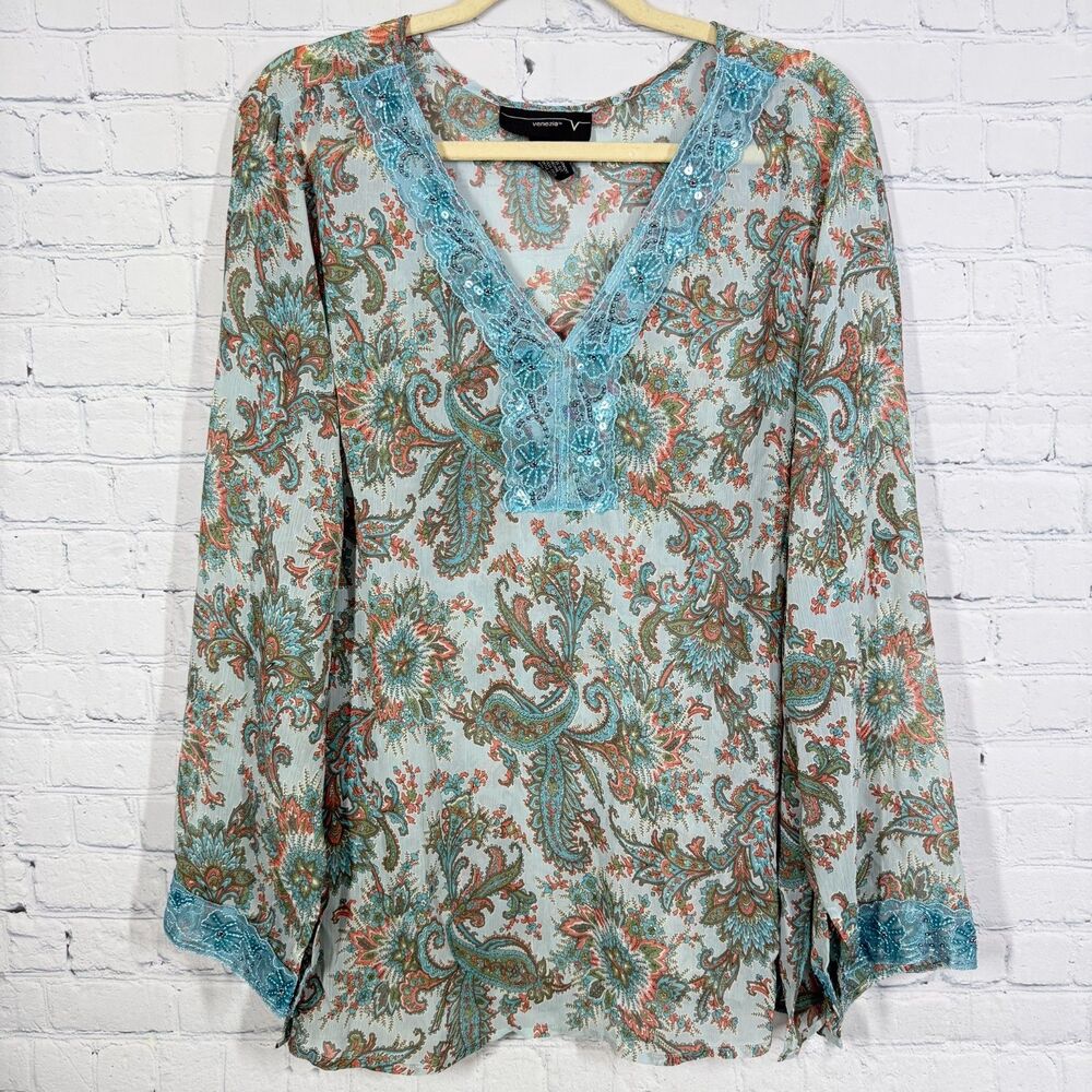 Y2K Peasant Tunic Women Plus 22 Fair Isle Lace Beaded Tim Sheer Flowy Boho Top